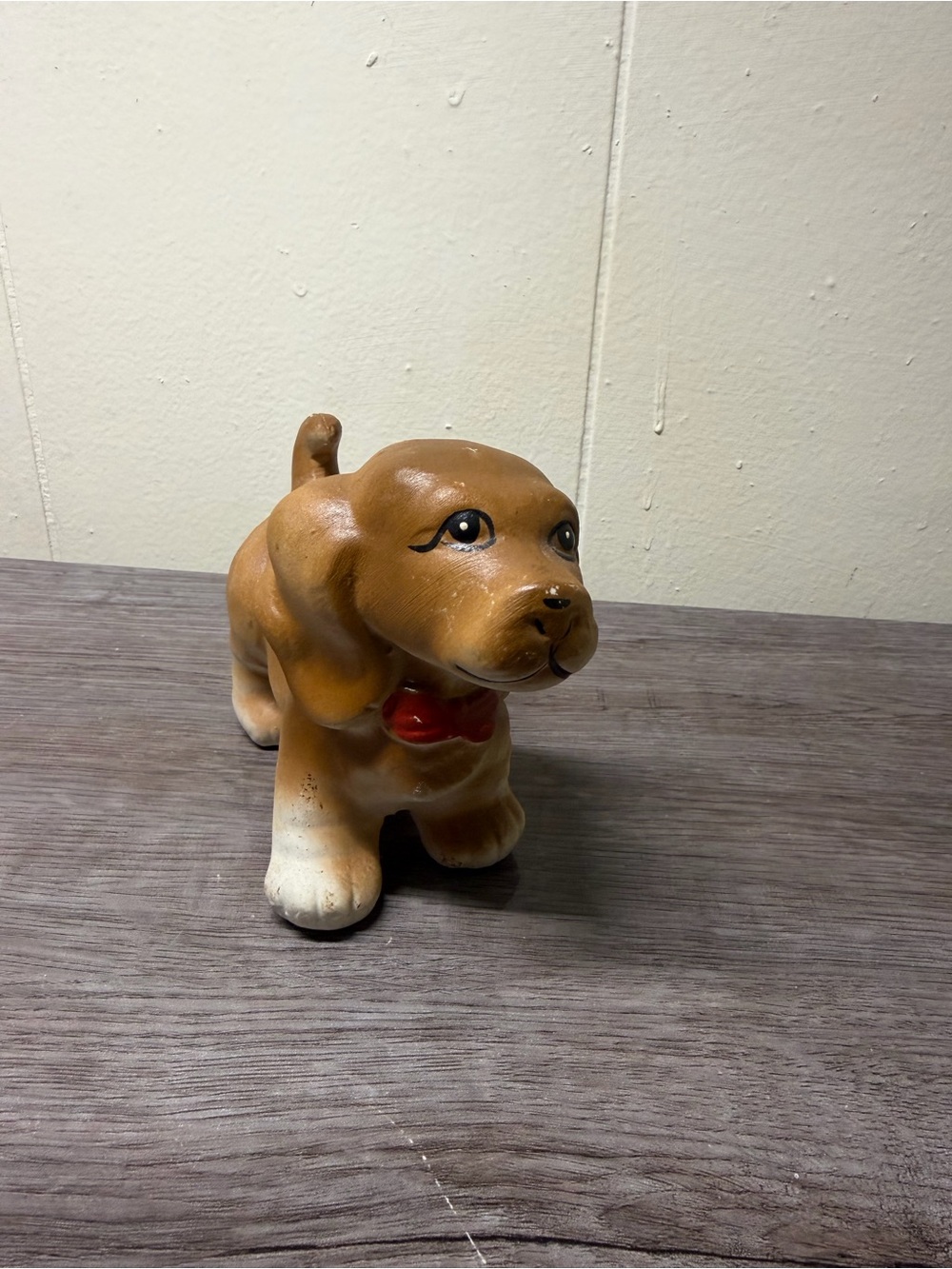 Vintage Brown Puppy Figurine with Red Bow - Cute Dog Decor